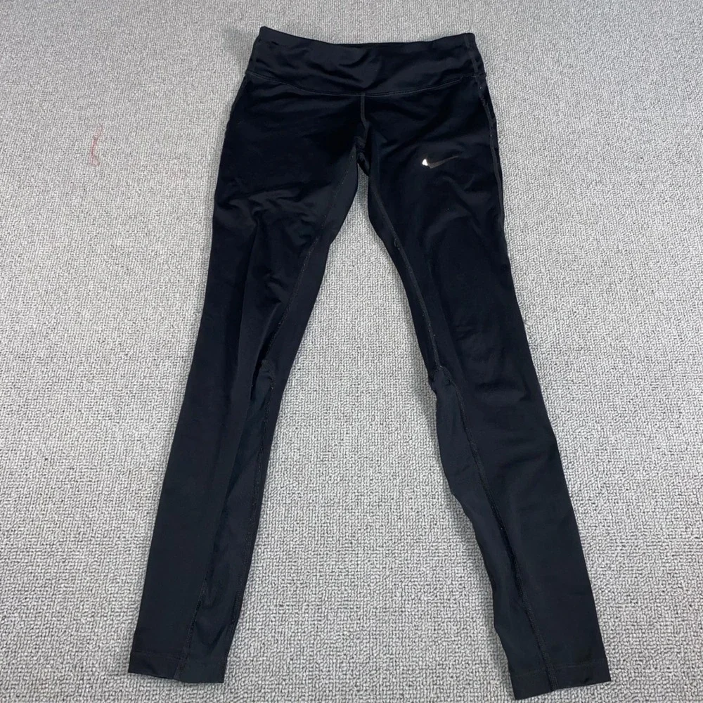 Nike Running Leggings Womens XS Black Athletic Tights Mesh Panel Reflective Logo